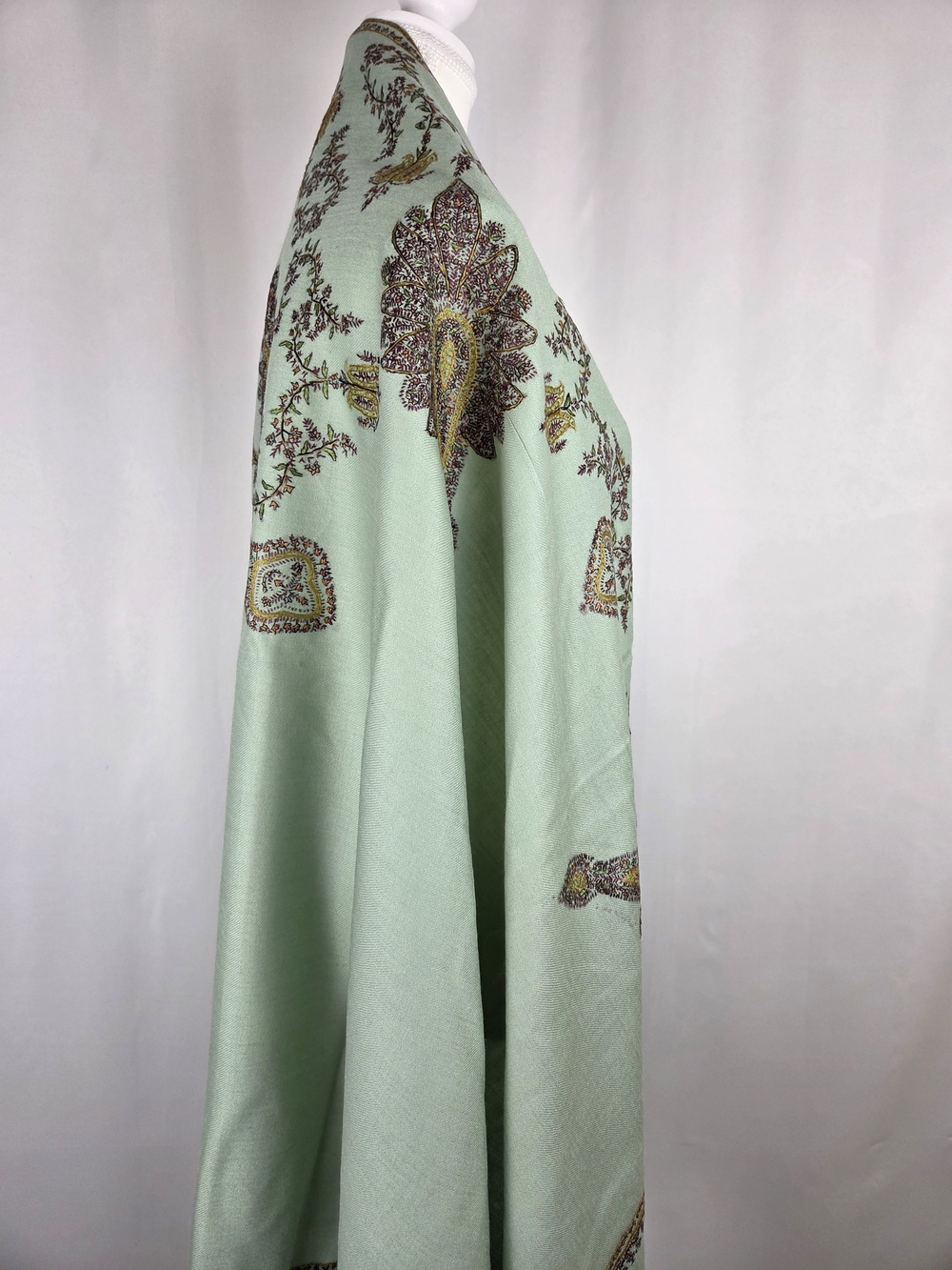 Kashmiri Sozni Hand-Embroidered Pashmina Shawl – Sage Green Floral Wrap - Picture 11 of 11